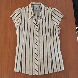 Classiques Entier Size Large Grey and Navy Blouse with Navy Fabric Tie Belt